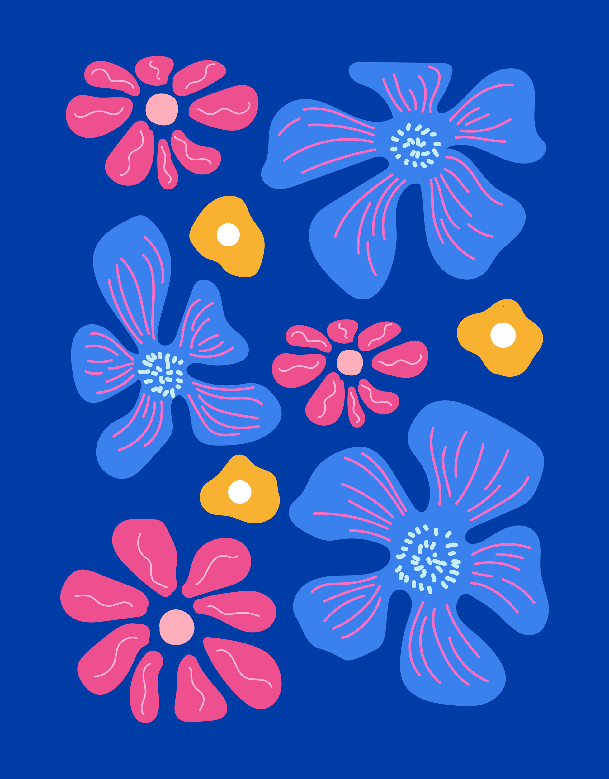 Abstract floral pattern with pink and blue flowers and yellow accents on a dark blue background.