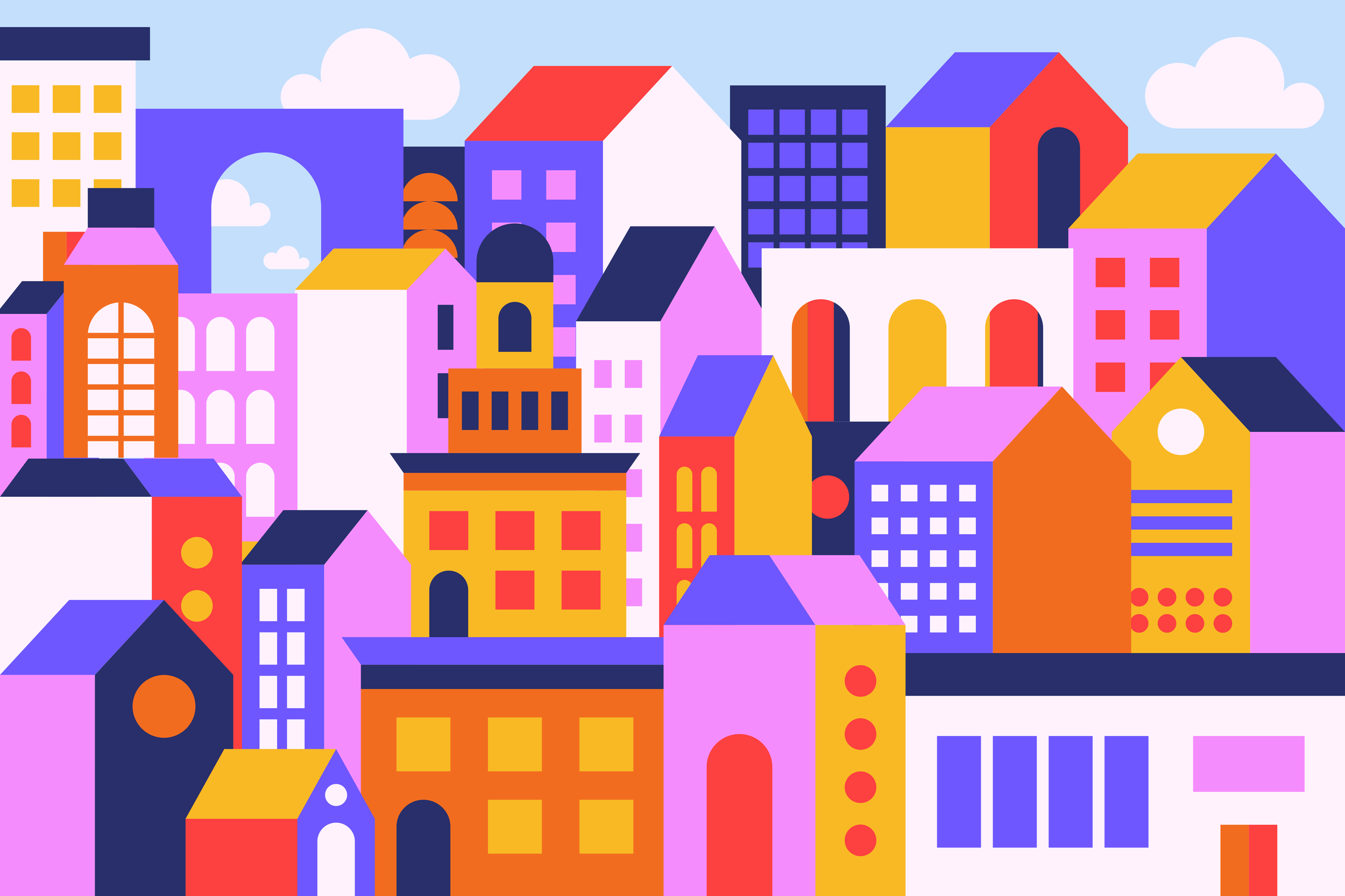 Colorful illustration of a cityscape with various buildings, houses, and skyscrapers in purple, pink, yellow, orange, and white, set against a daytime sky with clouds.