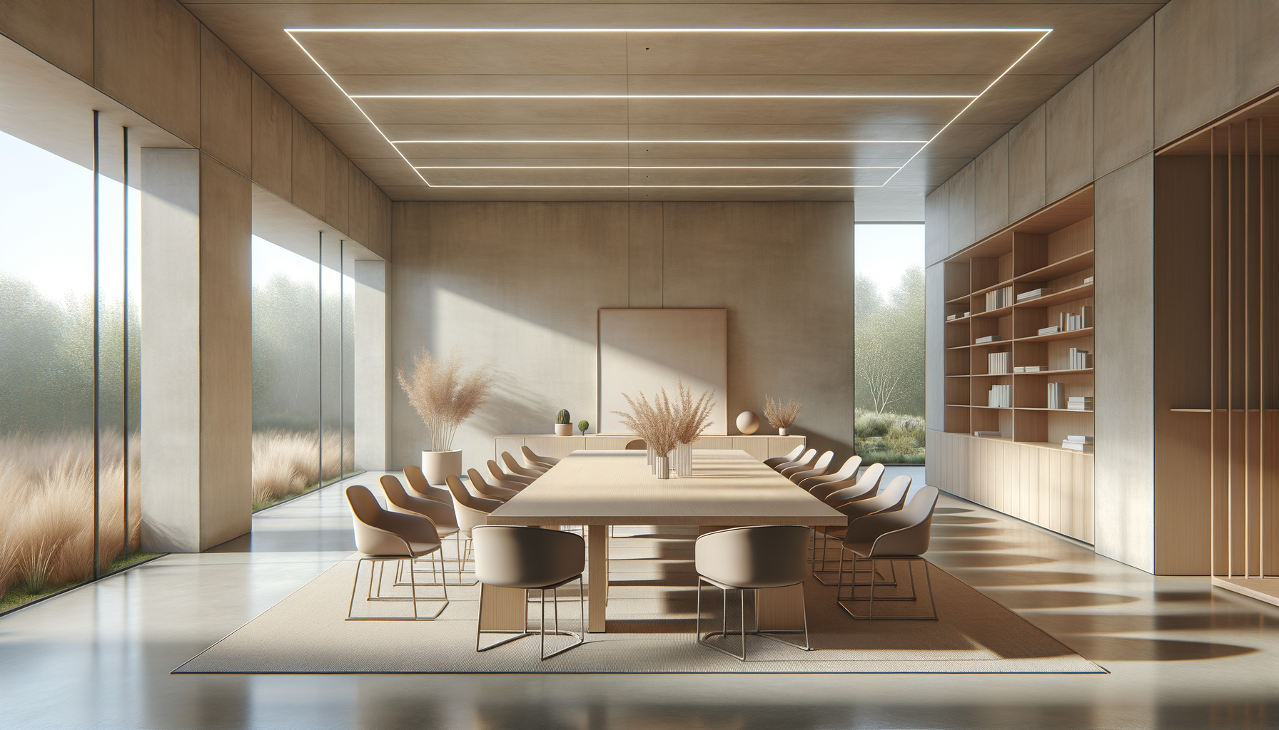 A modern, minimalist conference room with a long wooden table surrounded by cream-colored chairs, large floor-to-ceiling windows, and neutral decor with plants and books.