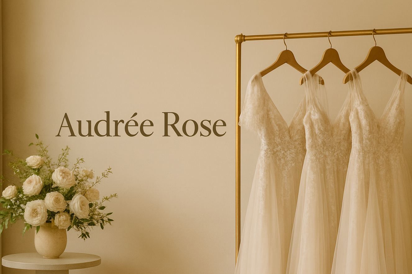 A curated selection of couture gowns displayed on a gold rail inside Audrée Rose.