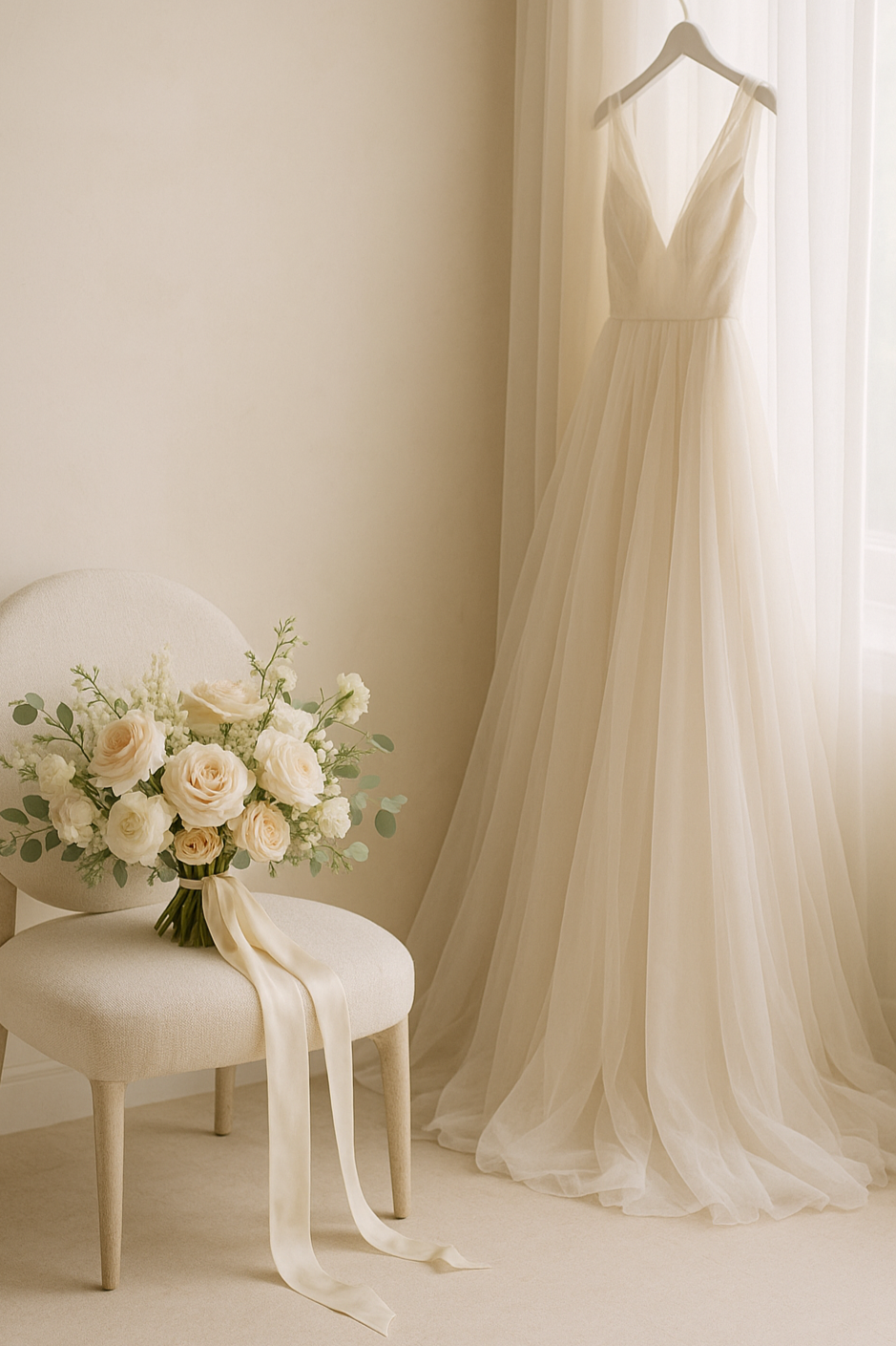 An ivory couture bridal gown displayed beside a soft upholstered chair with white and blush florals.