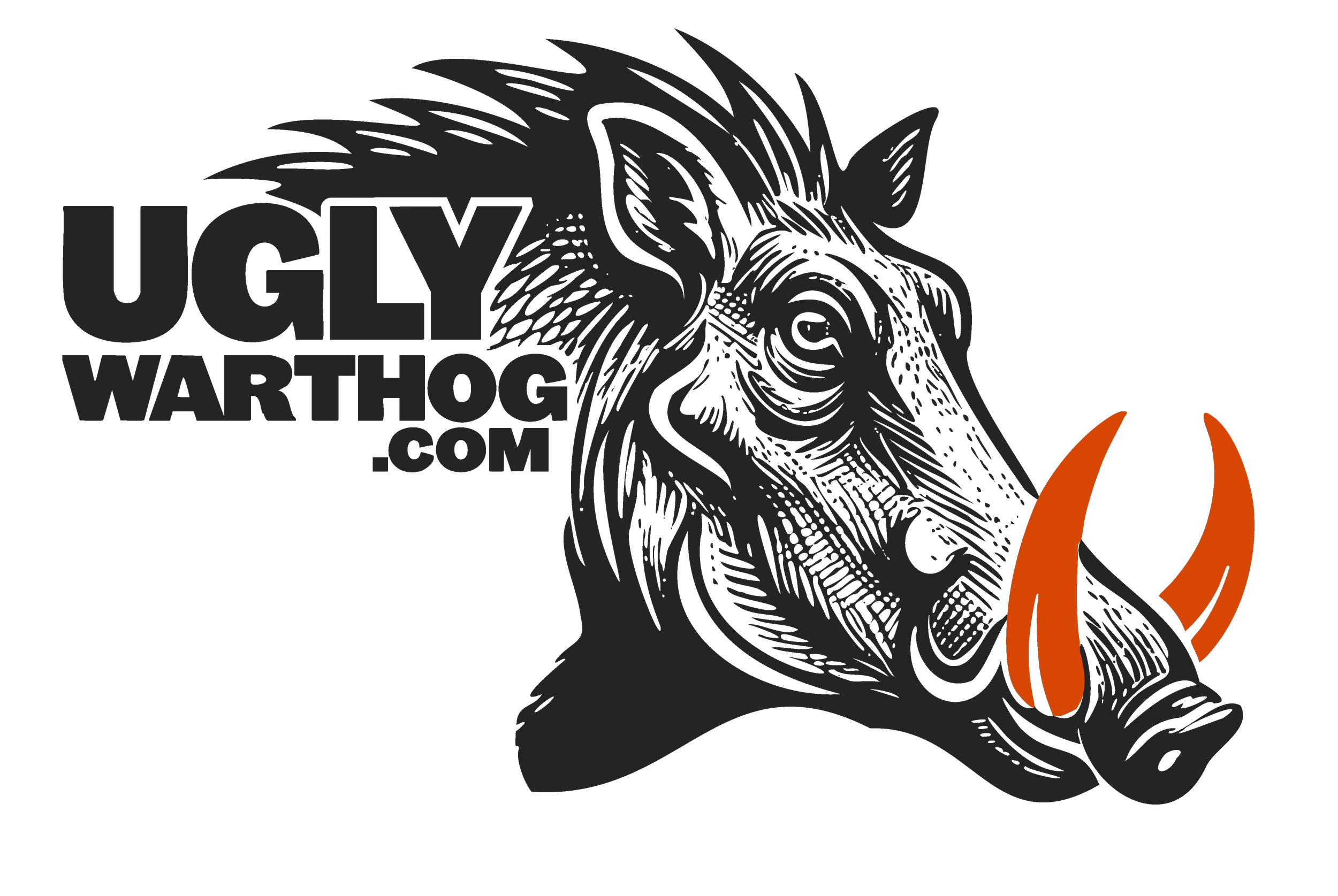Black background with large gray text reading 'UGLY WARRIOR' and a stylized gray wolf head facing right. Orange flame design near the wolf's mouth.