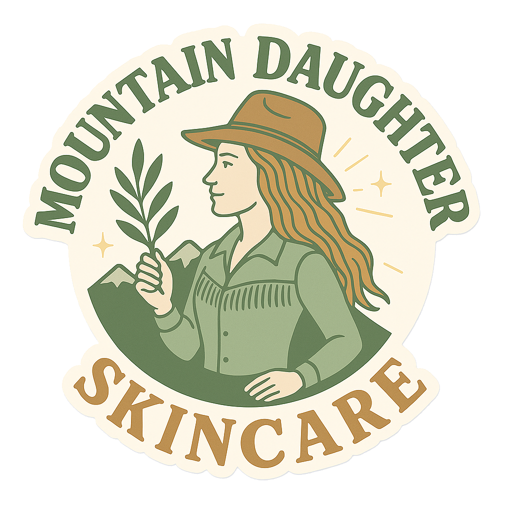 A logo with the words 'Mountain Daughters Skincare'. It features a woman with long hair wearing a hat, holding a plant, with mountains in the background.