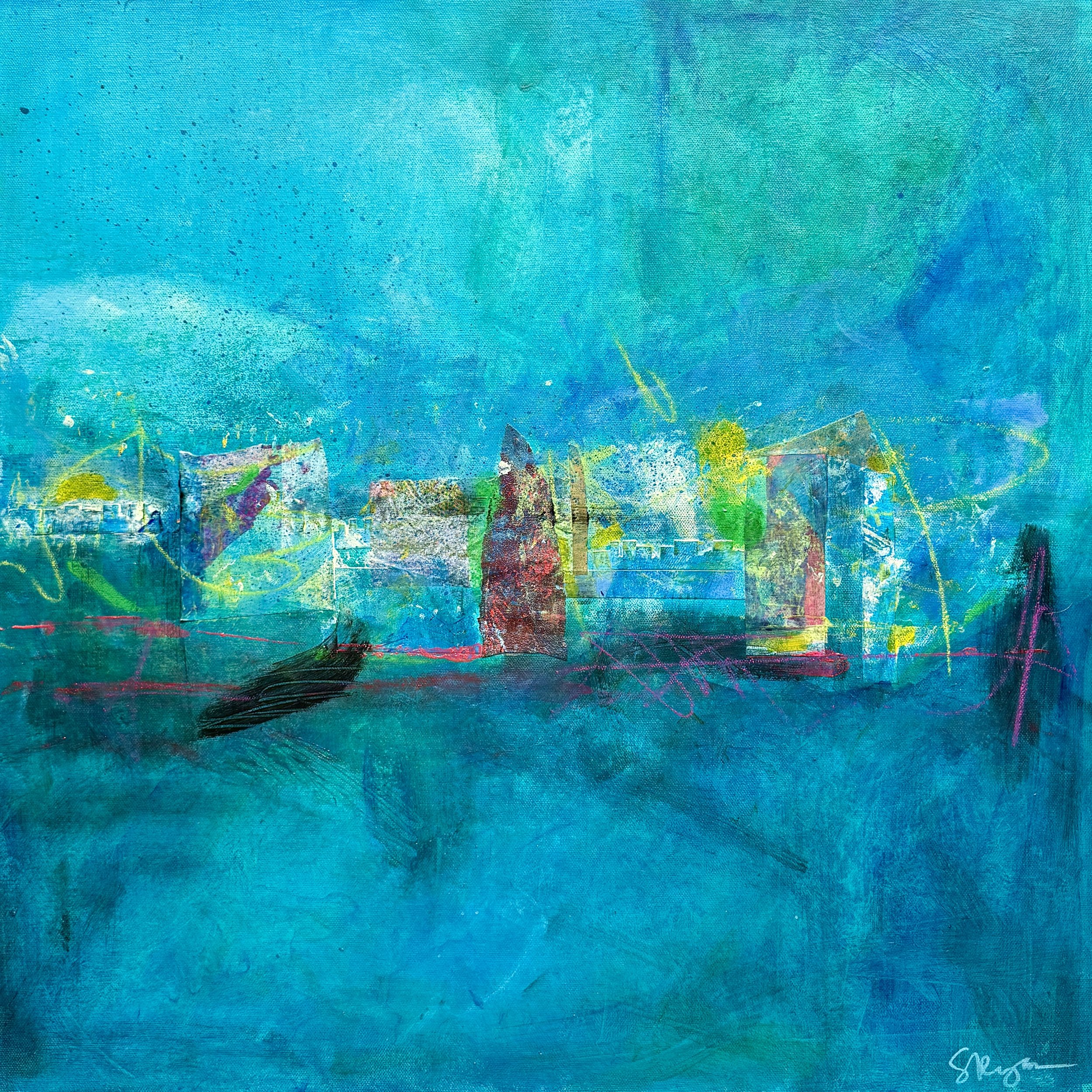 "Cityscape #3," 24"x24", Acrylic, Mixed Media & Collage, $750