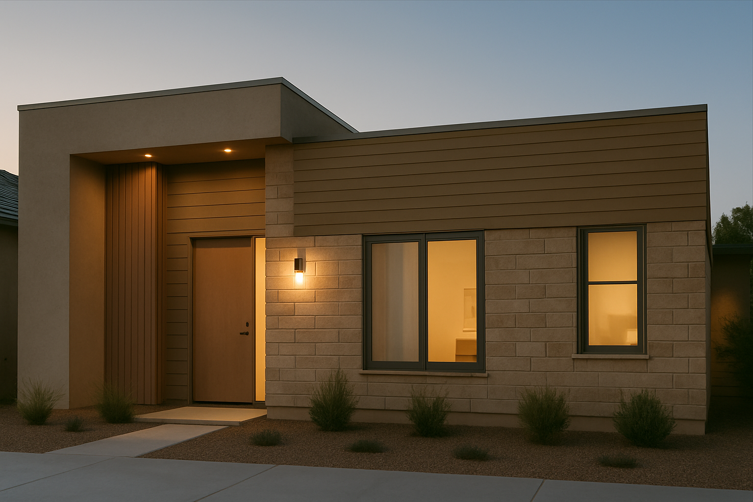 Single-story home with clean lines, brick and wood detailing, and soft exterior lighting at dusk.