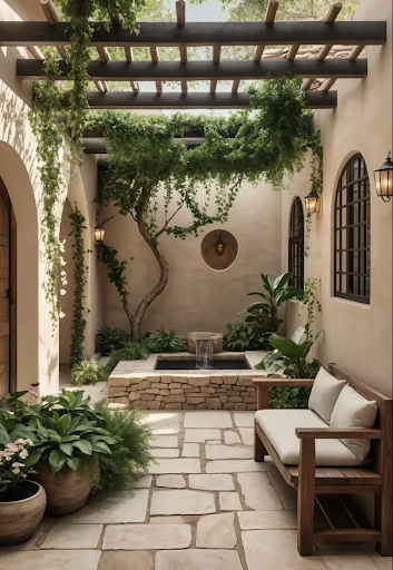 Interior courtyard with stone flooring, integrated greenery, a small water feature, and a pergola overhead.