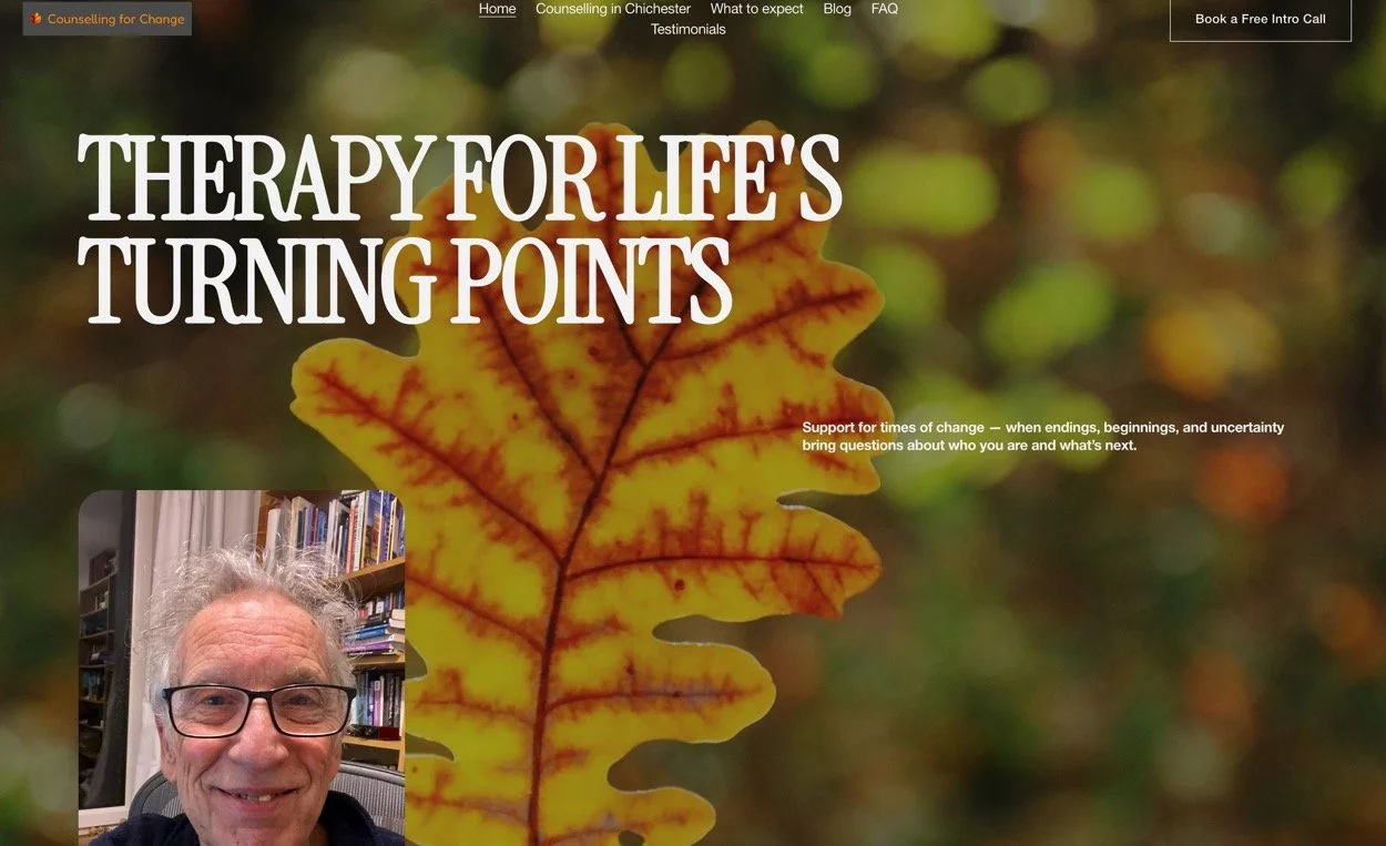 Screenshot of a website homepage with the title "Therapy for Life's Turning Points" over a background of a yellow autumn leaf. The site offers counseling services in Chichester and features menu options like Home, Testimonials, Blog, FAQ, and Book a Free Intro Call. There is a small photo of a smiling man with glasses in the lower left corner.