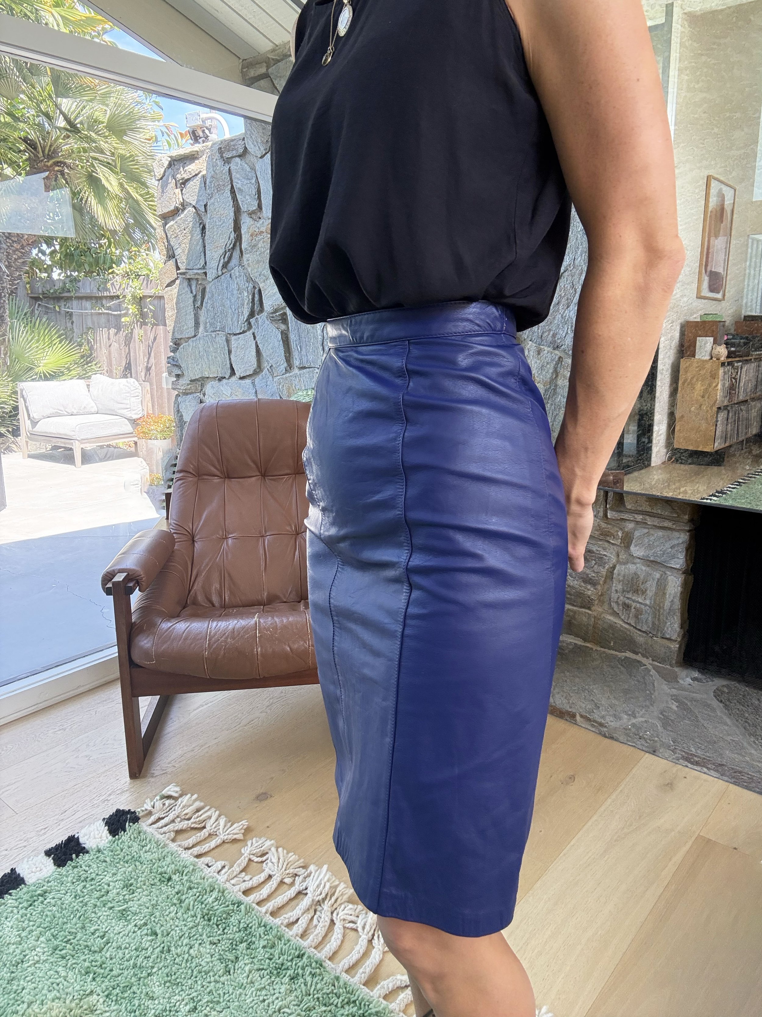 1980s Lord & Taylor Deep Purple Leather Pencil Skirt