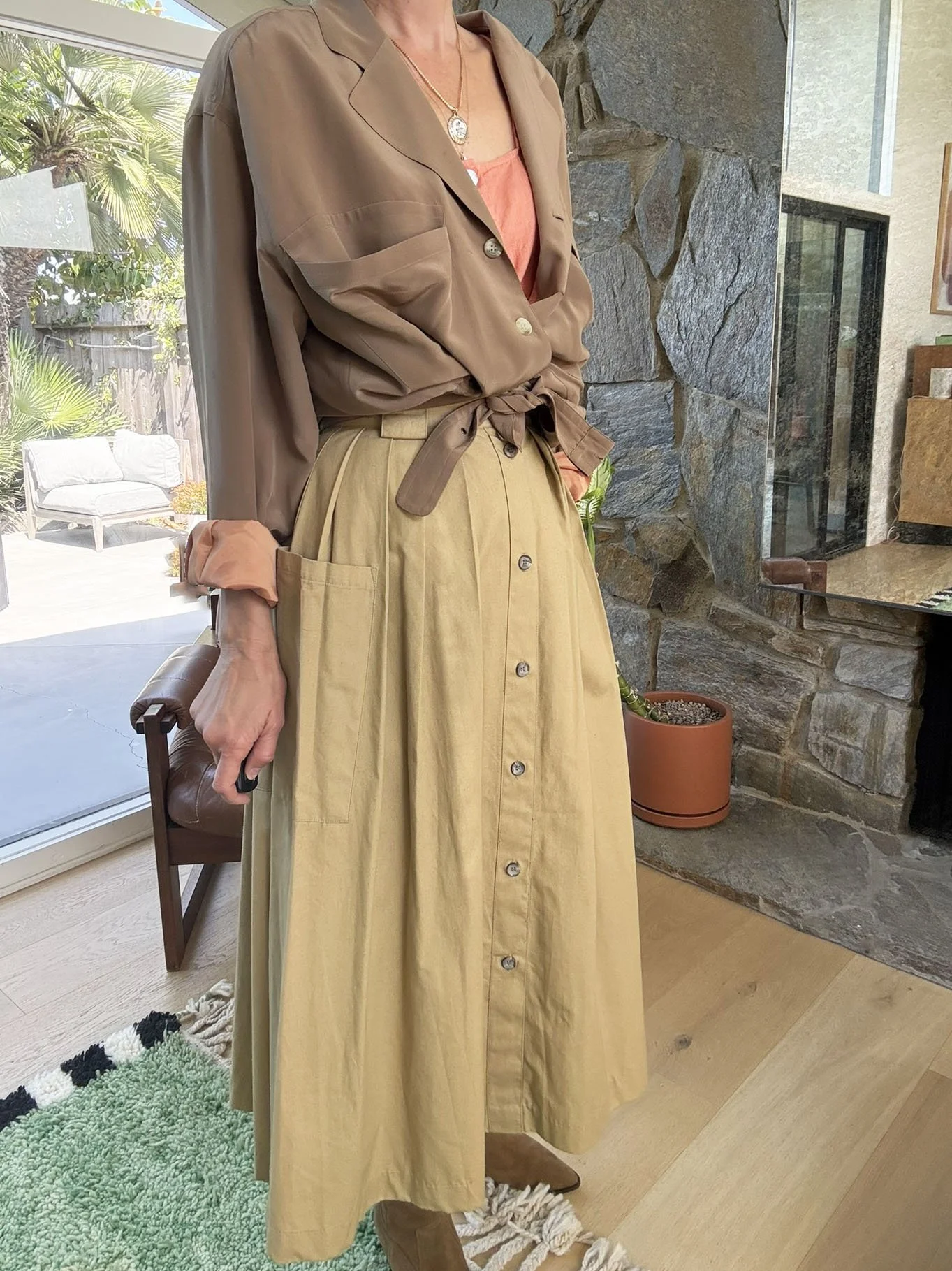Khaki cotton midi skirt.jpg