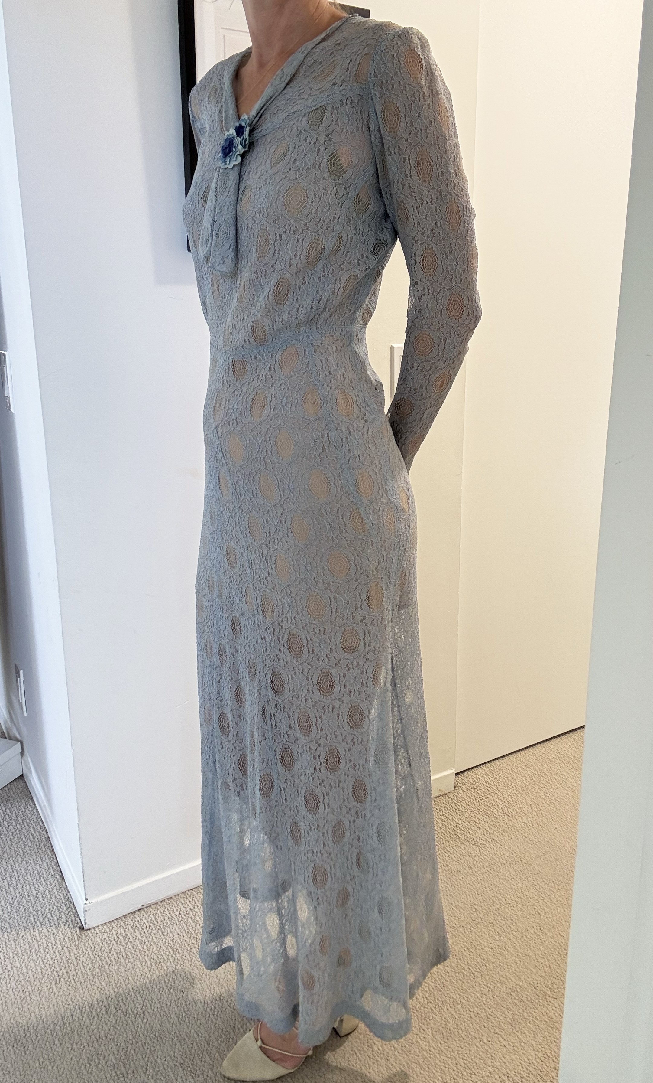 1930s Dusty Blue Lace Mermaid Dress