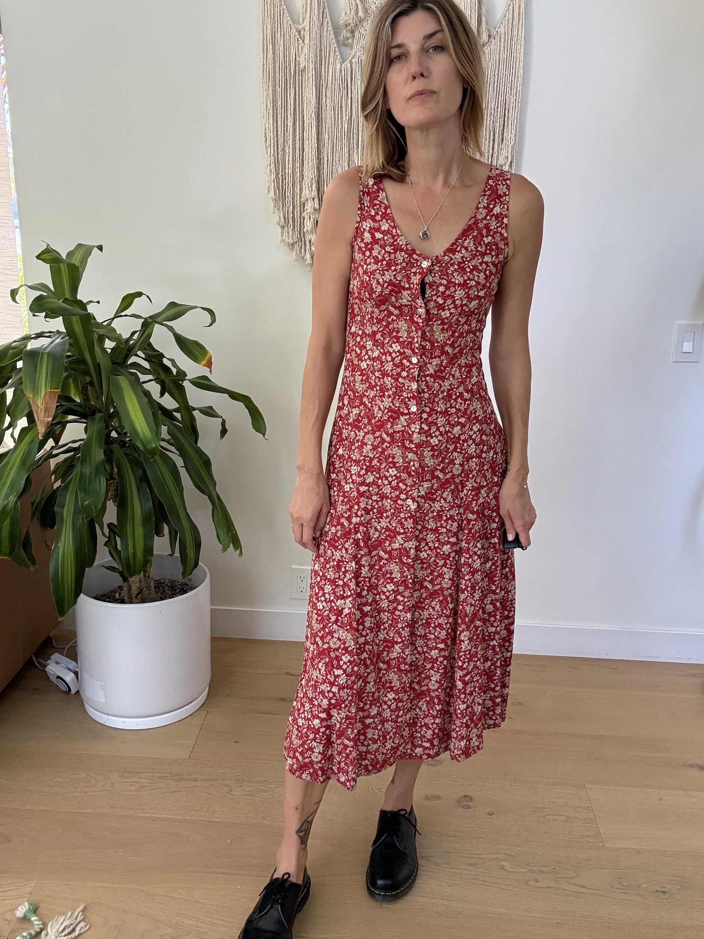 1990s Gap Red Floral Midi Tank Dress