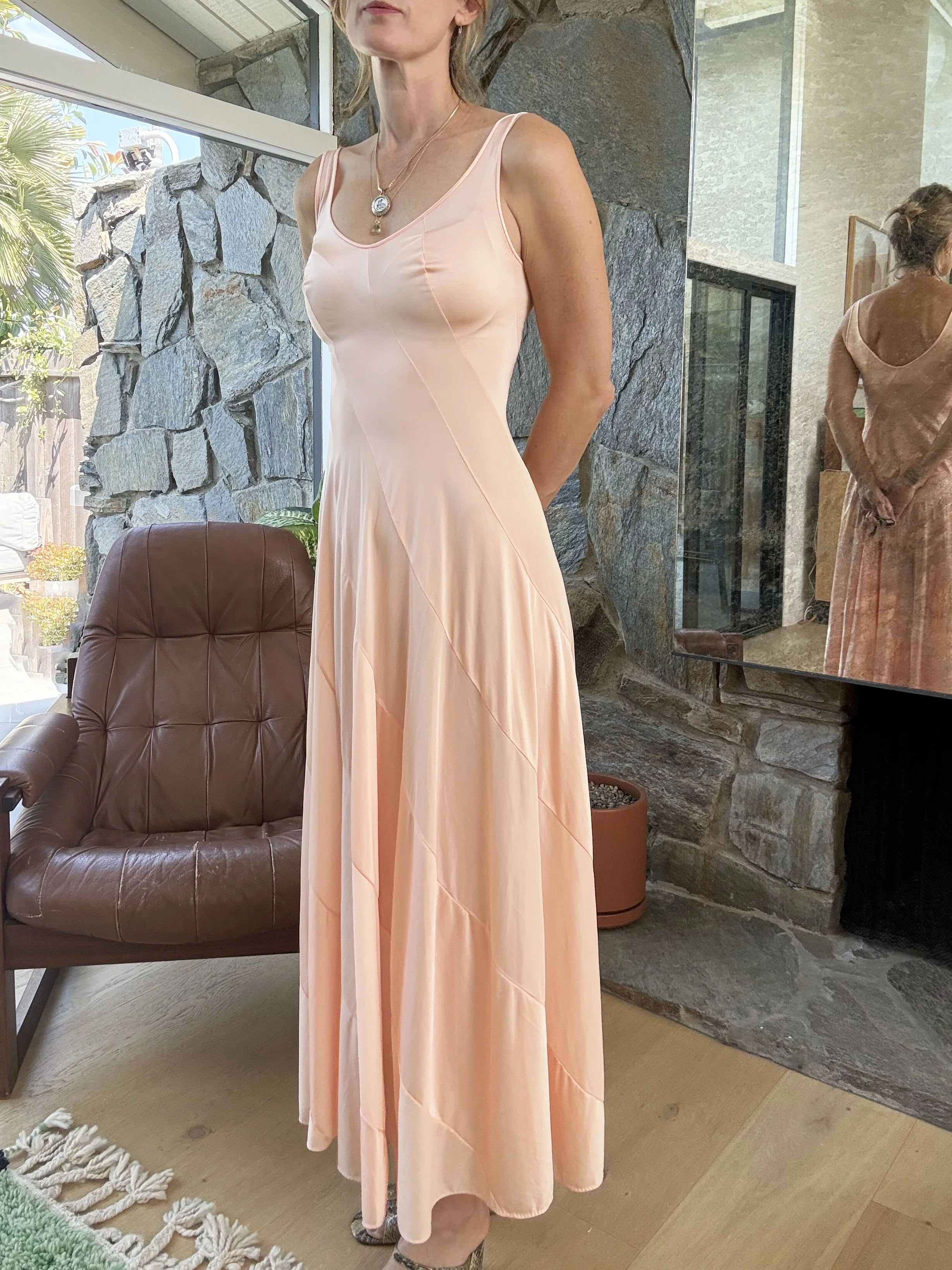 Peachy Pink semi-sheer gown modeled2.jpg