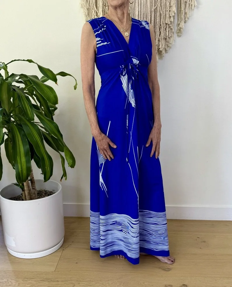 1980s Malama Blue Hawaiian Full-Length Dress