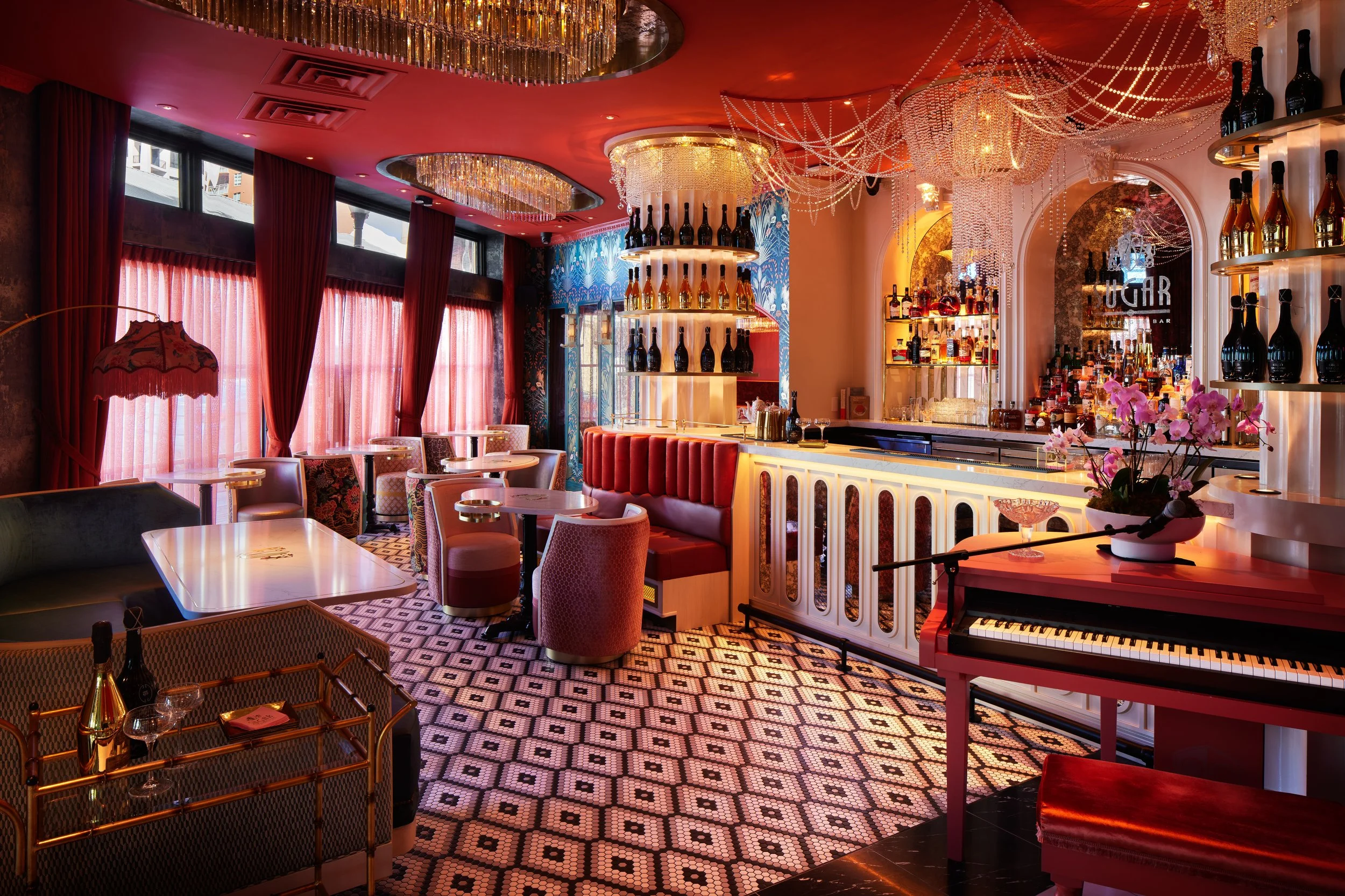 Design approach for Sugar Champagne Bar was thoughtfully crafted to reflect the elegance and indulgence of a high-end dining experience