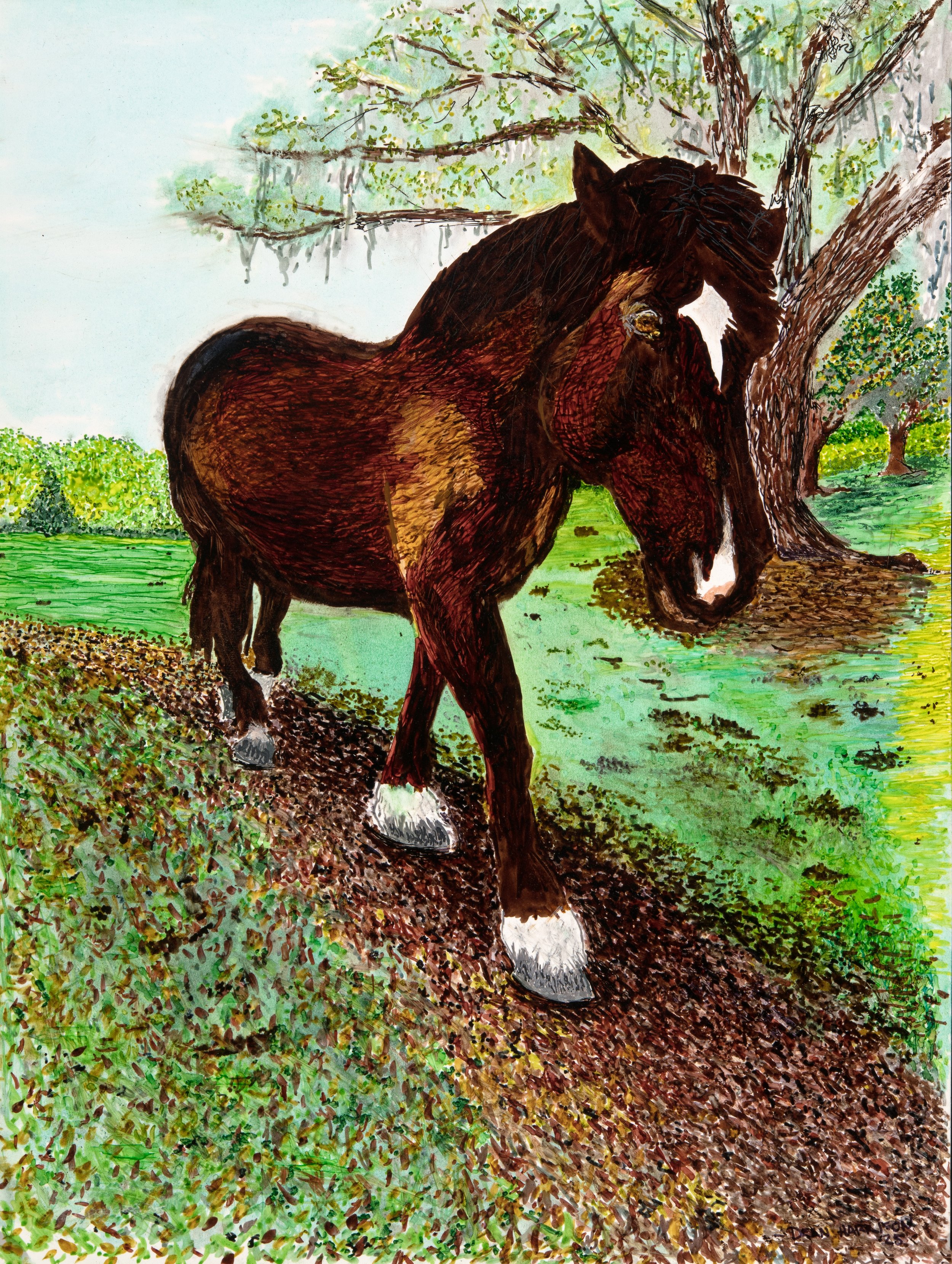 A brown horse walking along a dirt path near trees in a grassy field under light blue sky.