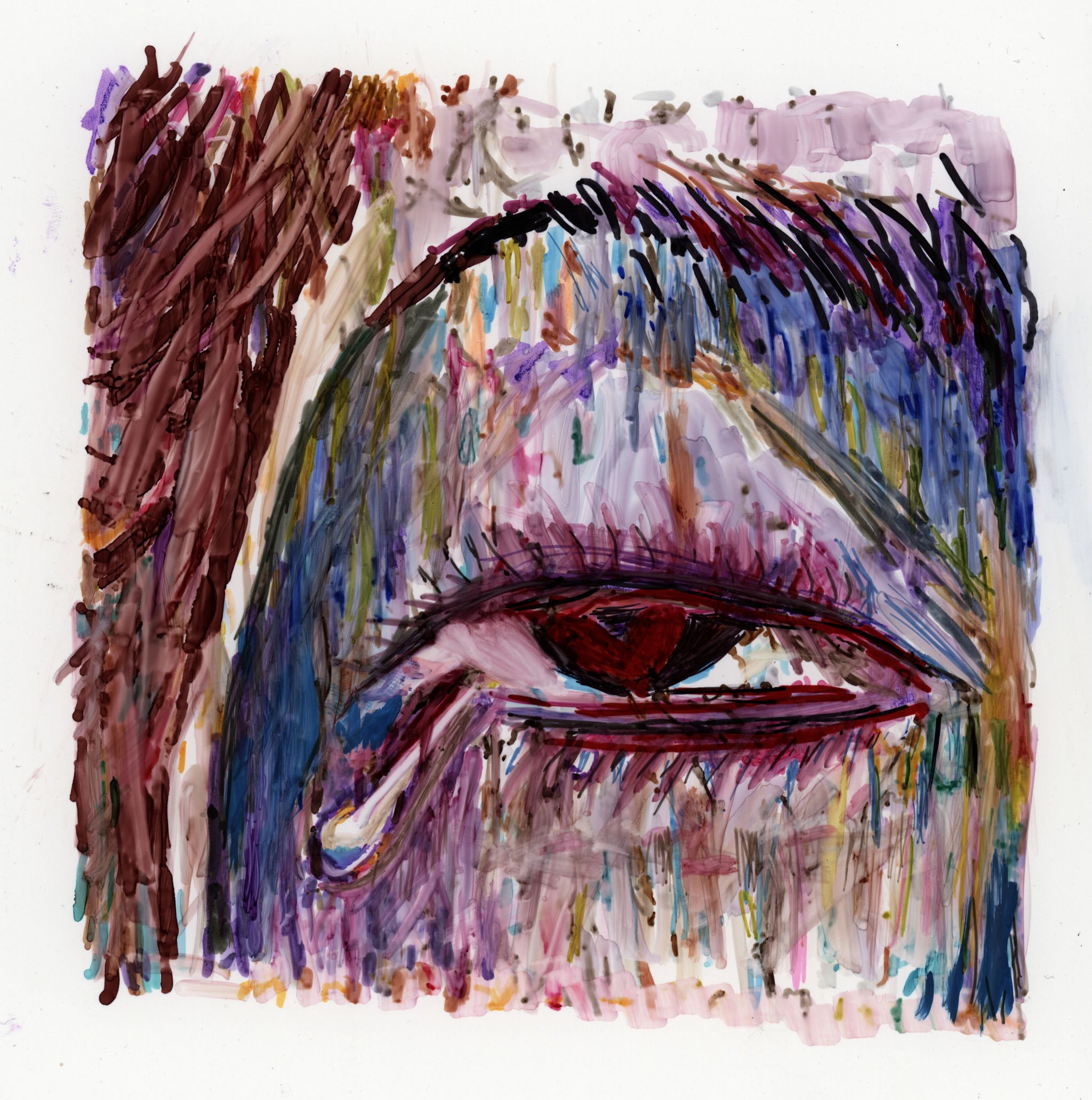 Abstract colorful painting of a human eye with various vibrant brushstrokes and colors.