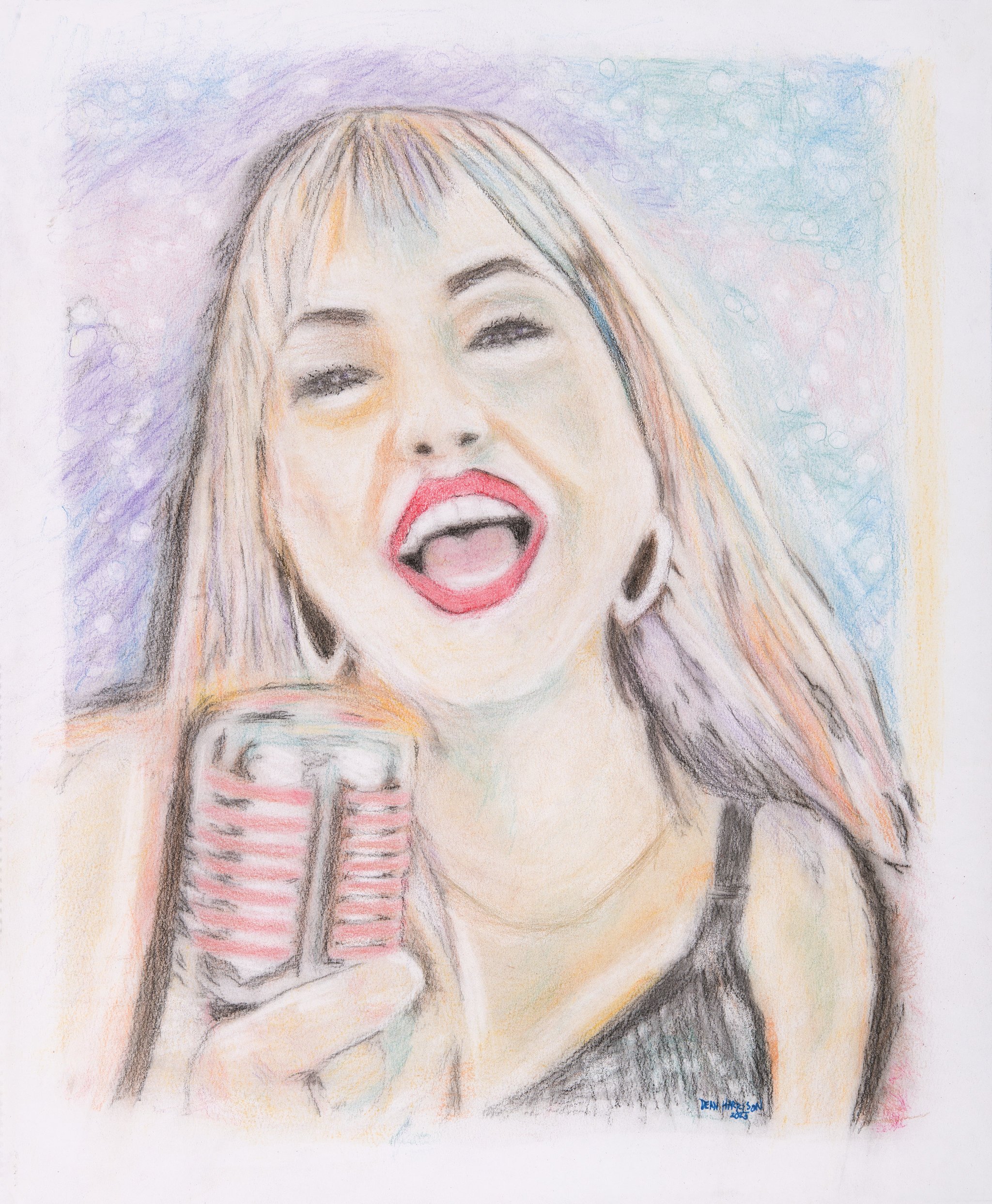 Colorful pastel drawing of a woman singing with a microphone, smiling with her mouth open, wearing red lipstick, black sleeveless top, and earrings. Background in pastel colors.