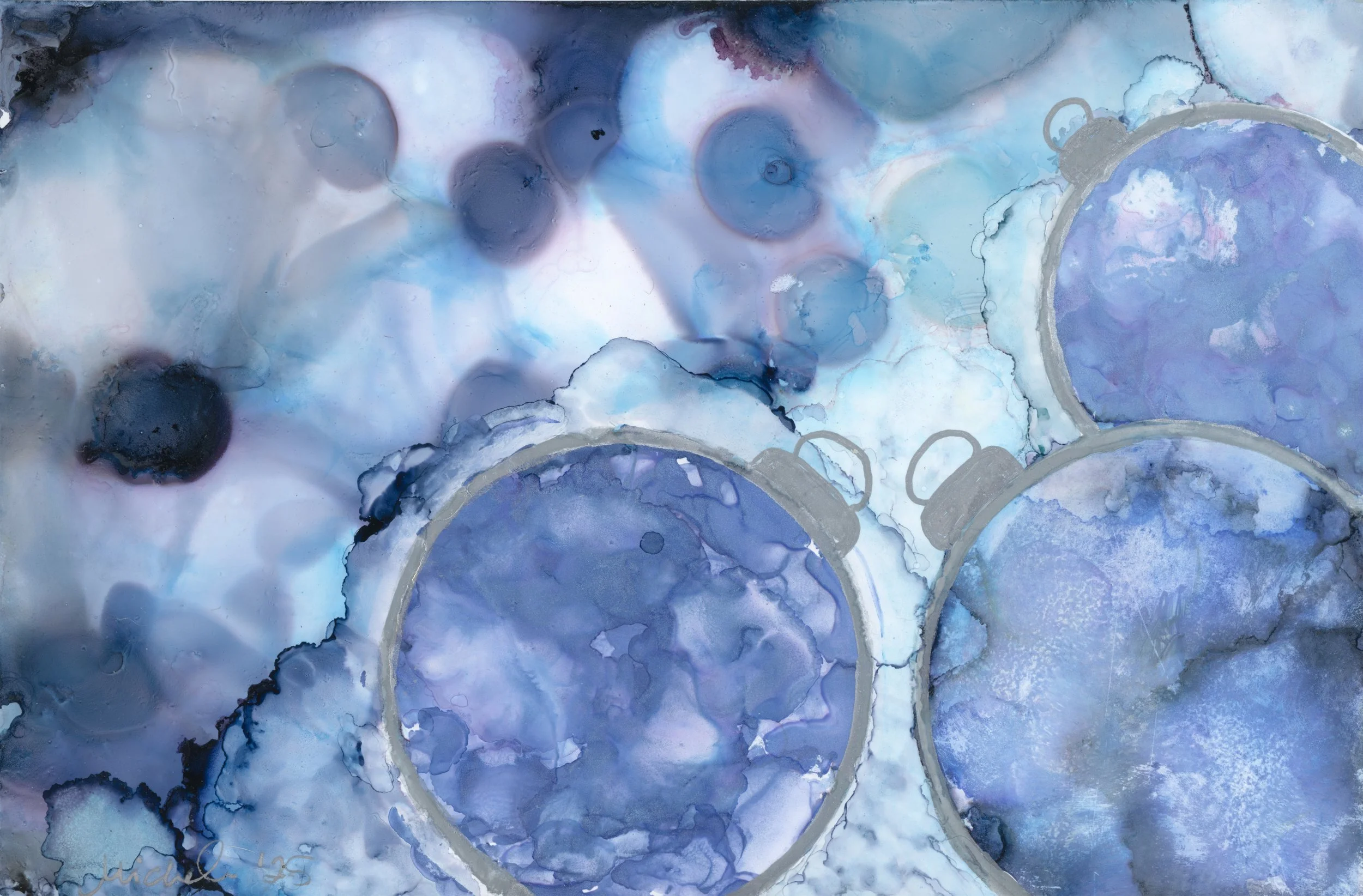 Abstract alcohol ink painting featuring various shades of blue, purple, and black, with overlapping circular shapes outlined in gray.