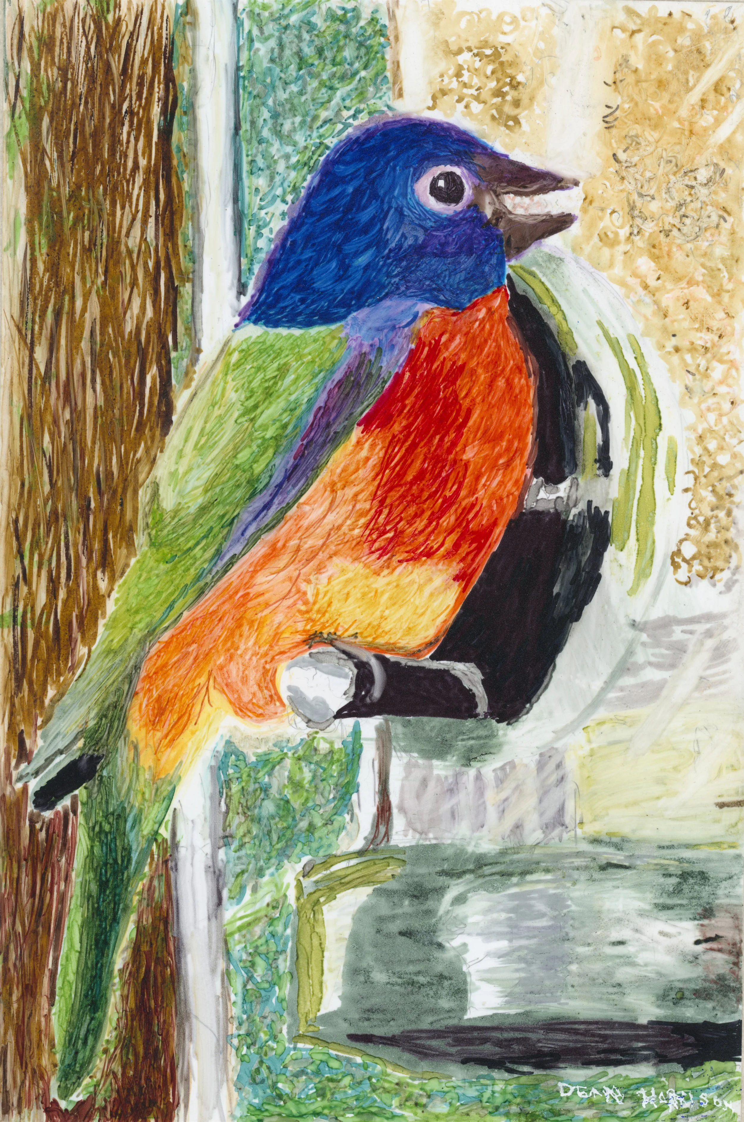 Colorful painting of a bird with blue head, orange and yellow chest, green wings, perched on a tree branch beside a birdhouse, with foliage and a pond in the background.