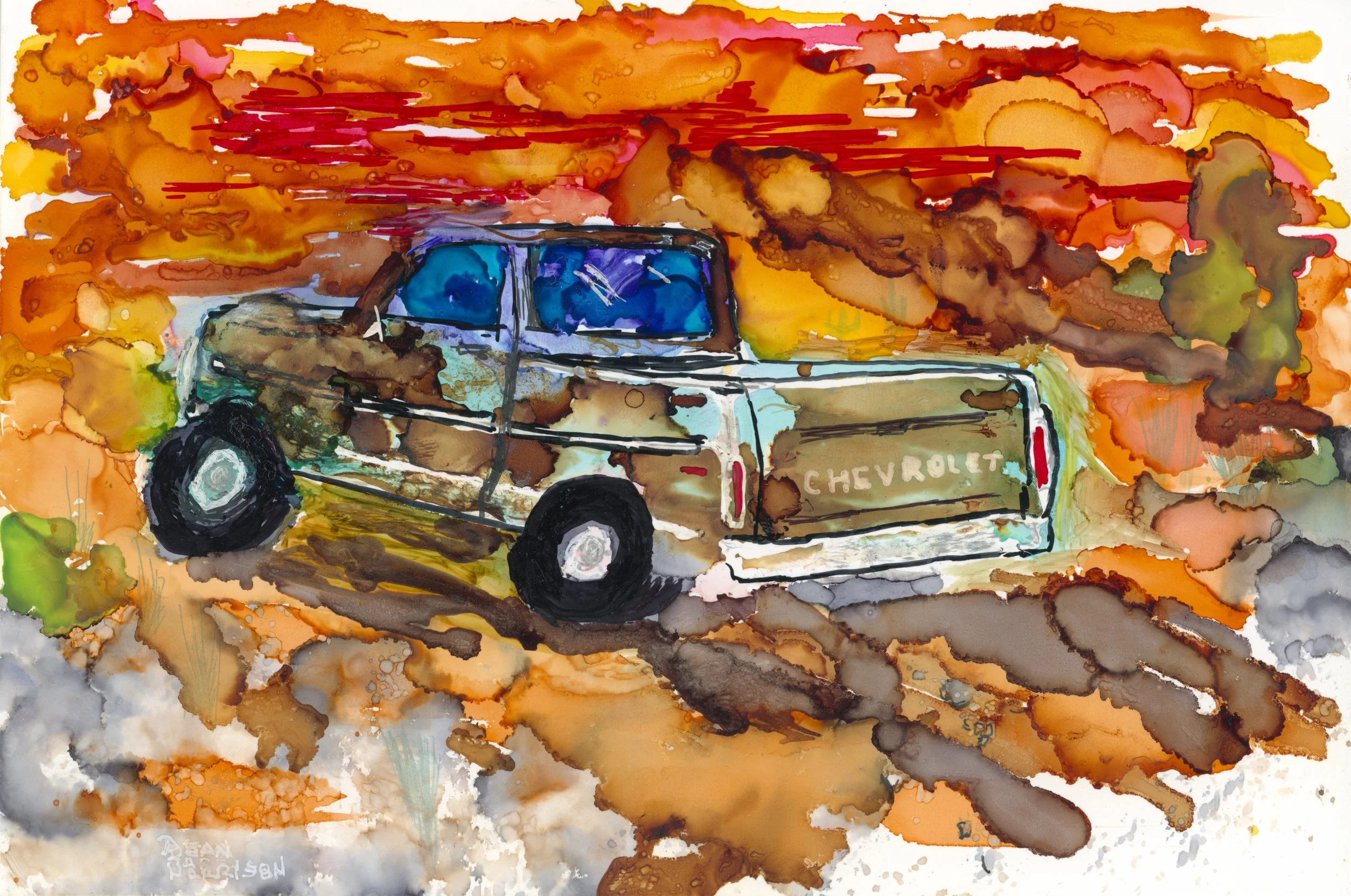 Alcohol ink marker of an old Chevrolet pickup truck parked outdoors with colorful abstract background.