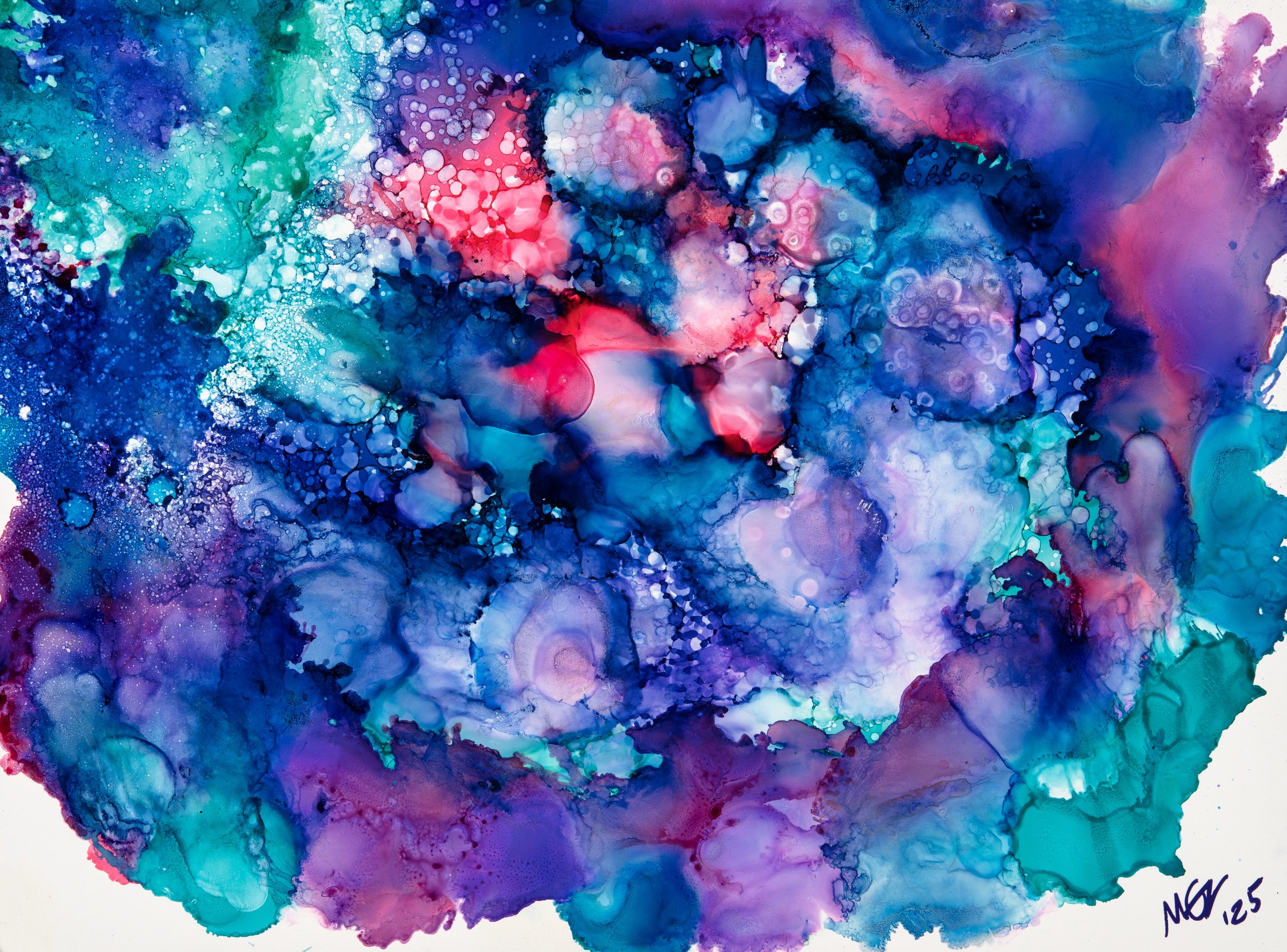 Abstract alcohol ink piece with shades of blue, purple, teal, and pink, featuring bubbles, splashes, and fluid shapes.
