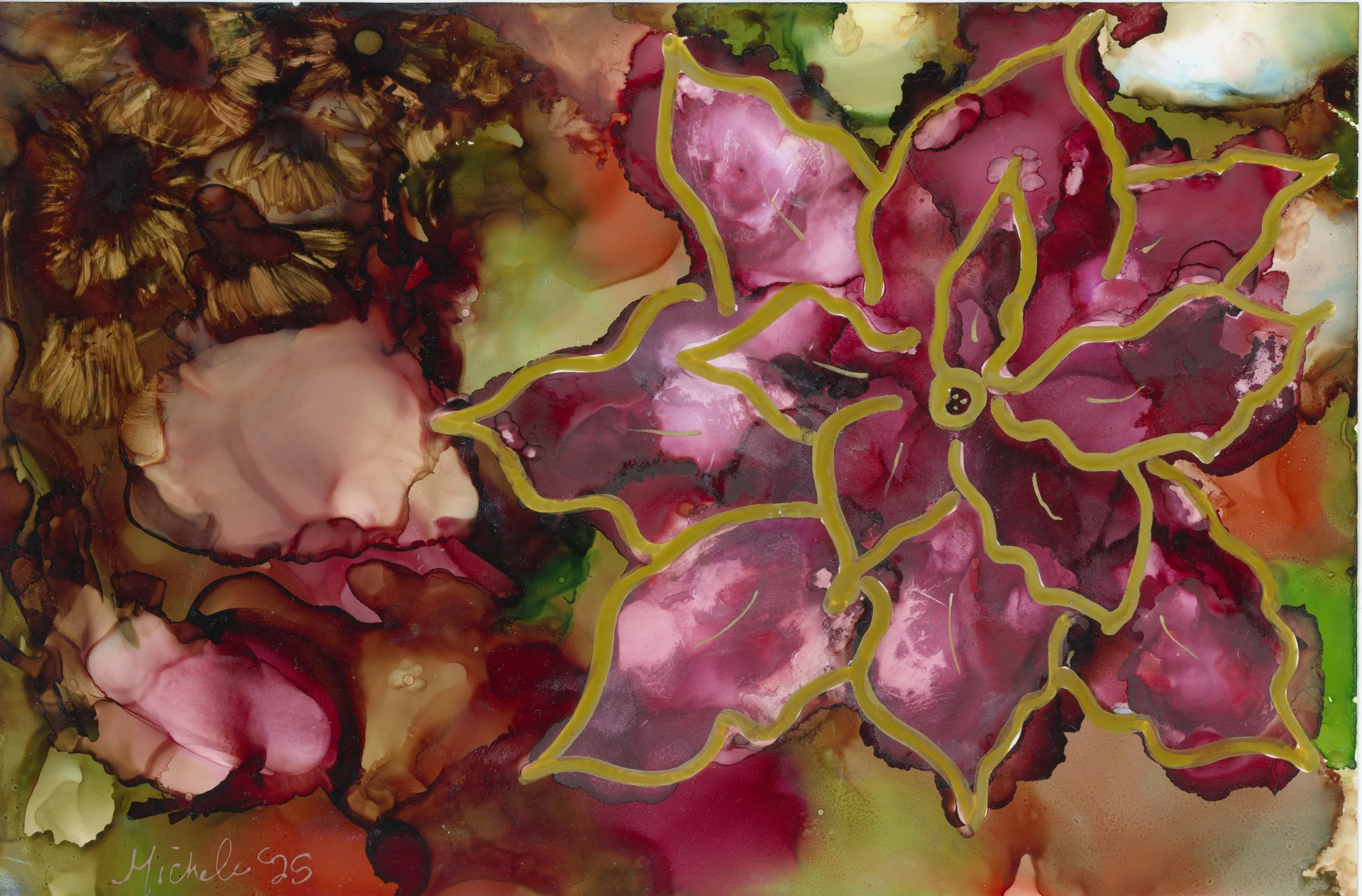 Abstract painting of pink and red poinsettia flowers outlined in yellow, with brown, green, and black background colors.