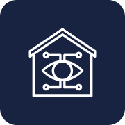 Line drawing of a house with an eye inside, surrounded by circuit lines, on a dark blue background