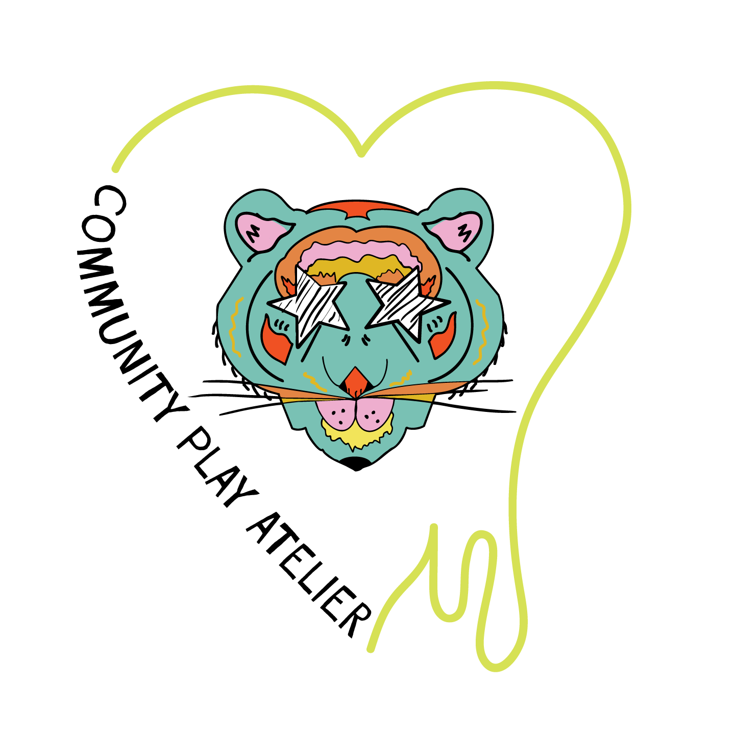 Colorful illustration of a tiger's face with star-shaped glasses, with a heart outline and a squiggly line on black background.