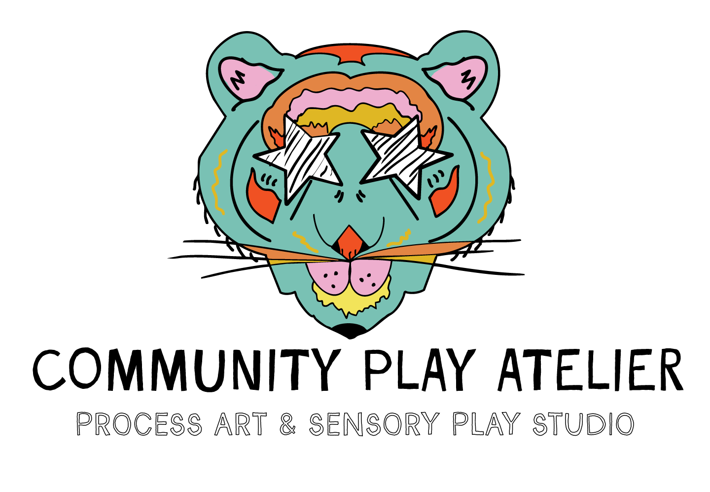 Illustration of a tiger's face with star eyes and colorful details. Community Play Atelier Logo.