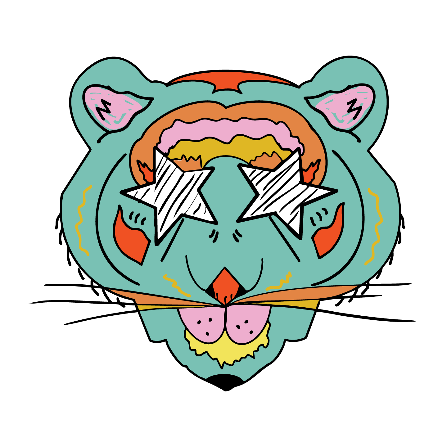 Colorful cartoon of a tiger's face with star-shaped sunglasses, pink ears, and rainbow-colored details against a black background.