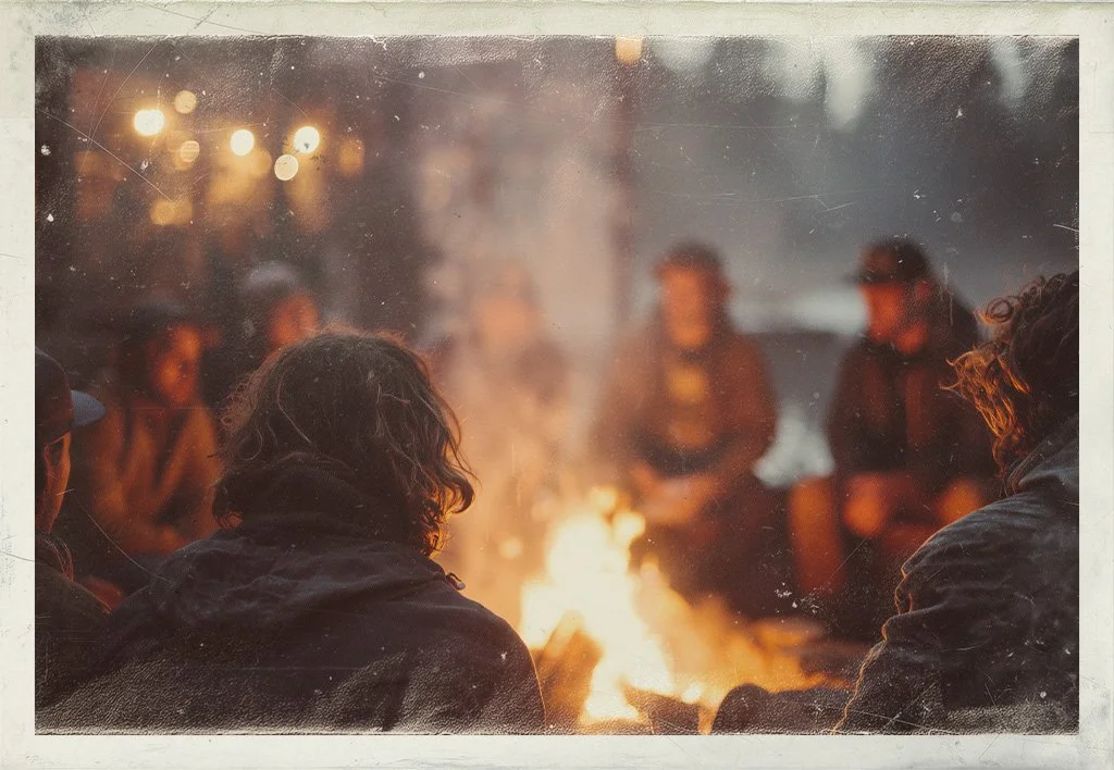 People seated around a glowing campfire at night, seen through a soft, blurred foreground.