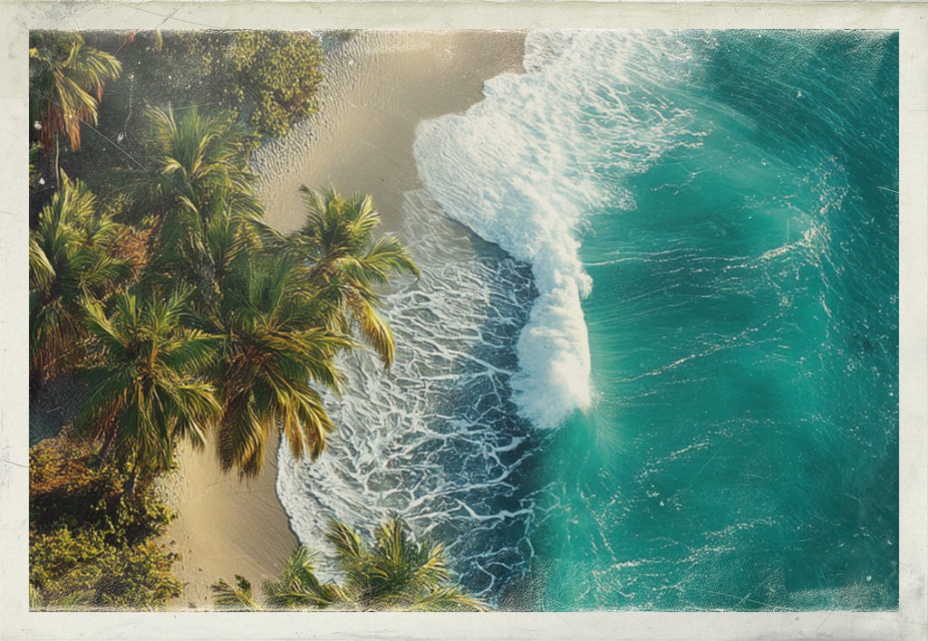 Aerial view of turquoise waves breaking onto a tropical beach lined with palm trees