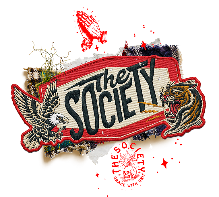 Stylized “The Society” logo with eagle and wolf, red and black on a white background.
