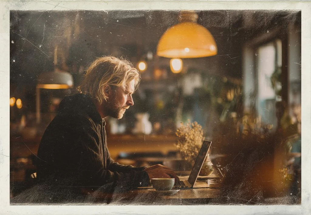 Person in a cozy café leans over a wooden table beside a glowing lamp and steaming coffee.