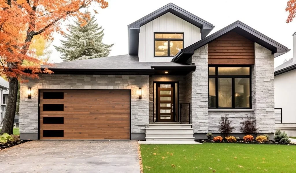 Modern house with stone and wood exterior, large windows, and a two-car garage, surrounded by autumn trees and a manicured lawn. modern sleek garage door