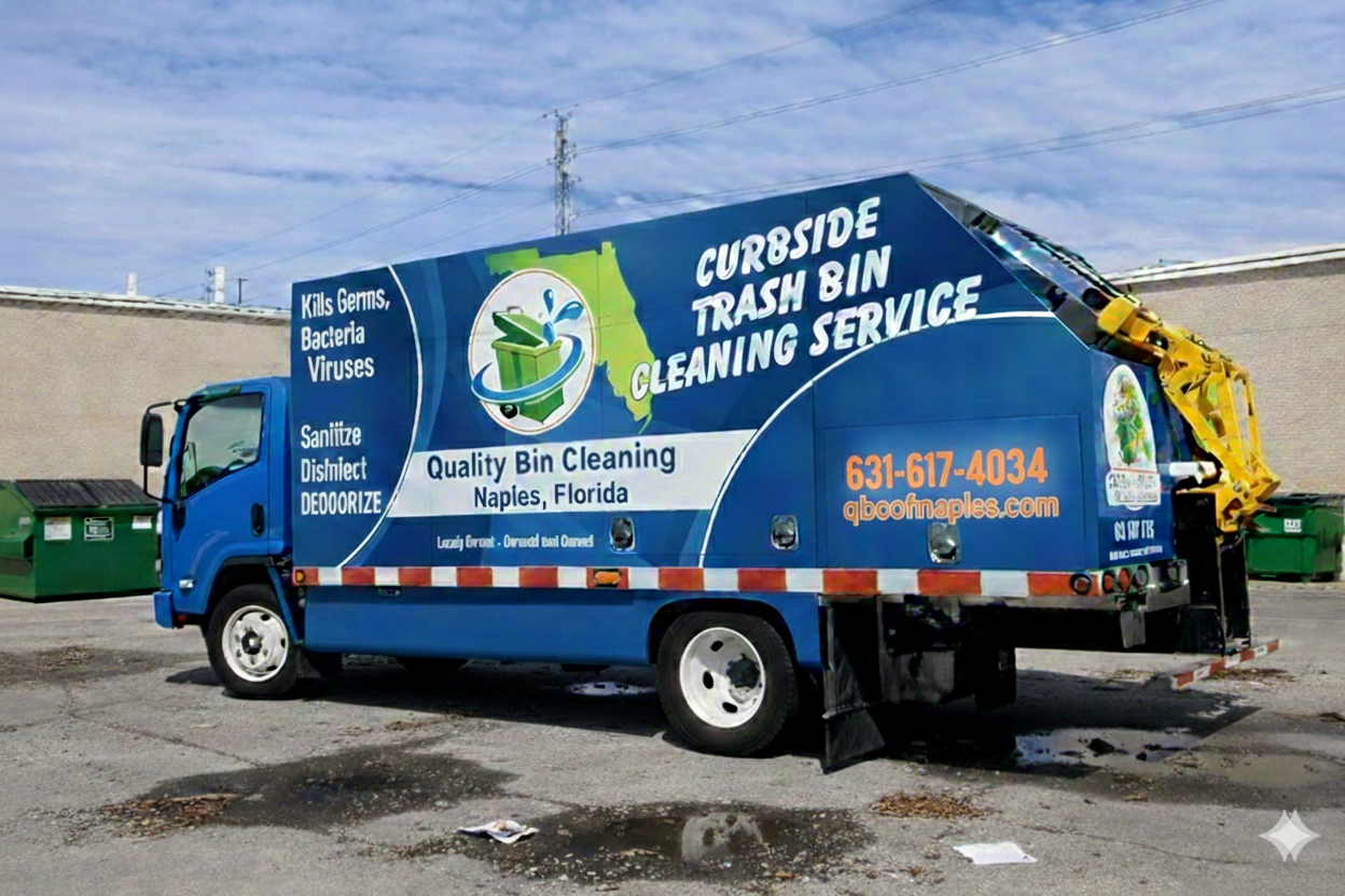 Blue trash collection truck with signage for curbside trash bin cleaning service in Naples, Florida, parked in a lot with green dumpsters and a building in the background.
