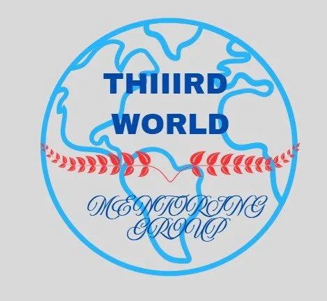 Logo of Third World Mentoring Group with a globe, red laurel branches, and blue text.
