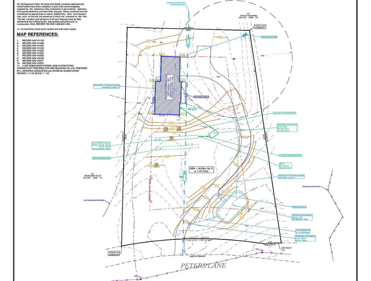 A detailed technical site plan drawing showing property boundaries, existing and proposed utilities, drainage, and other infrastructure features for a land development project.