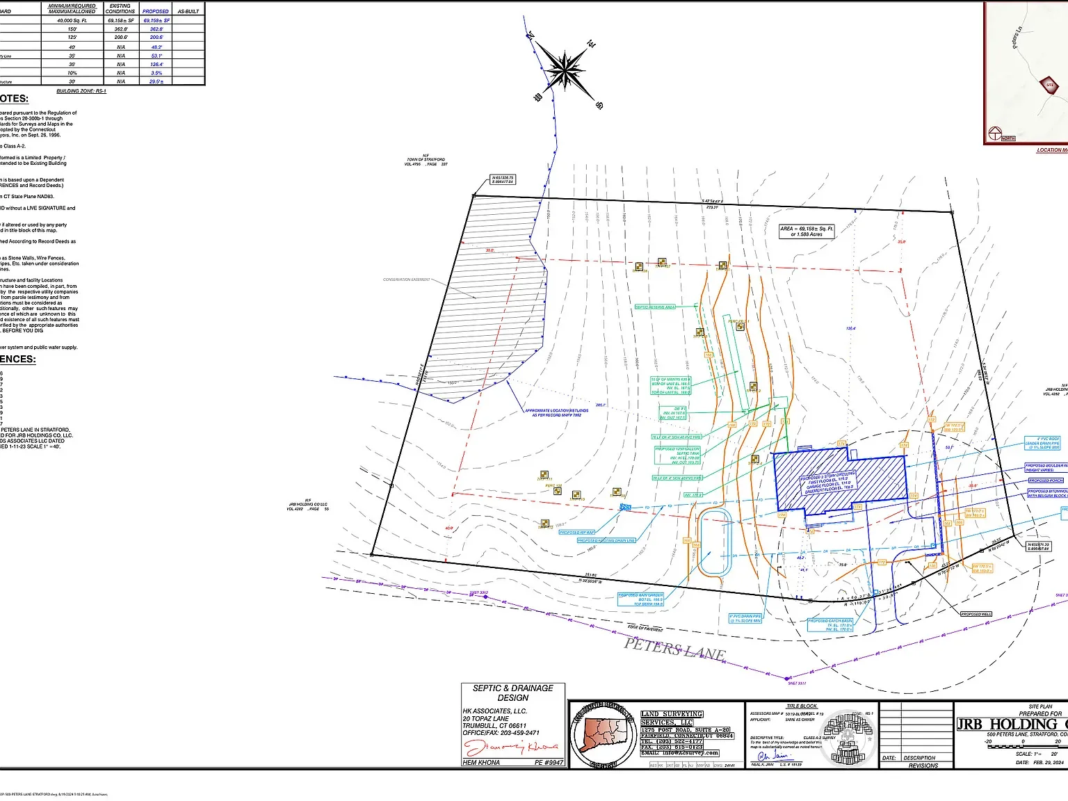 Property site plan showing lot boundaries, proposed structures, drainage, and utility layout, with Peters Lane at the bottom and north arrow at the top.