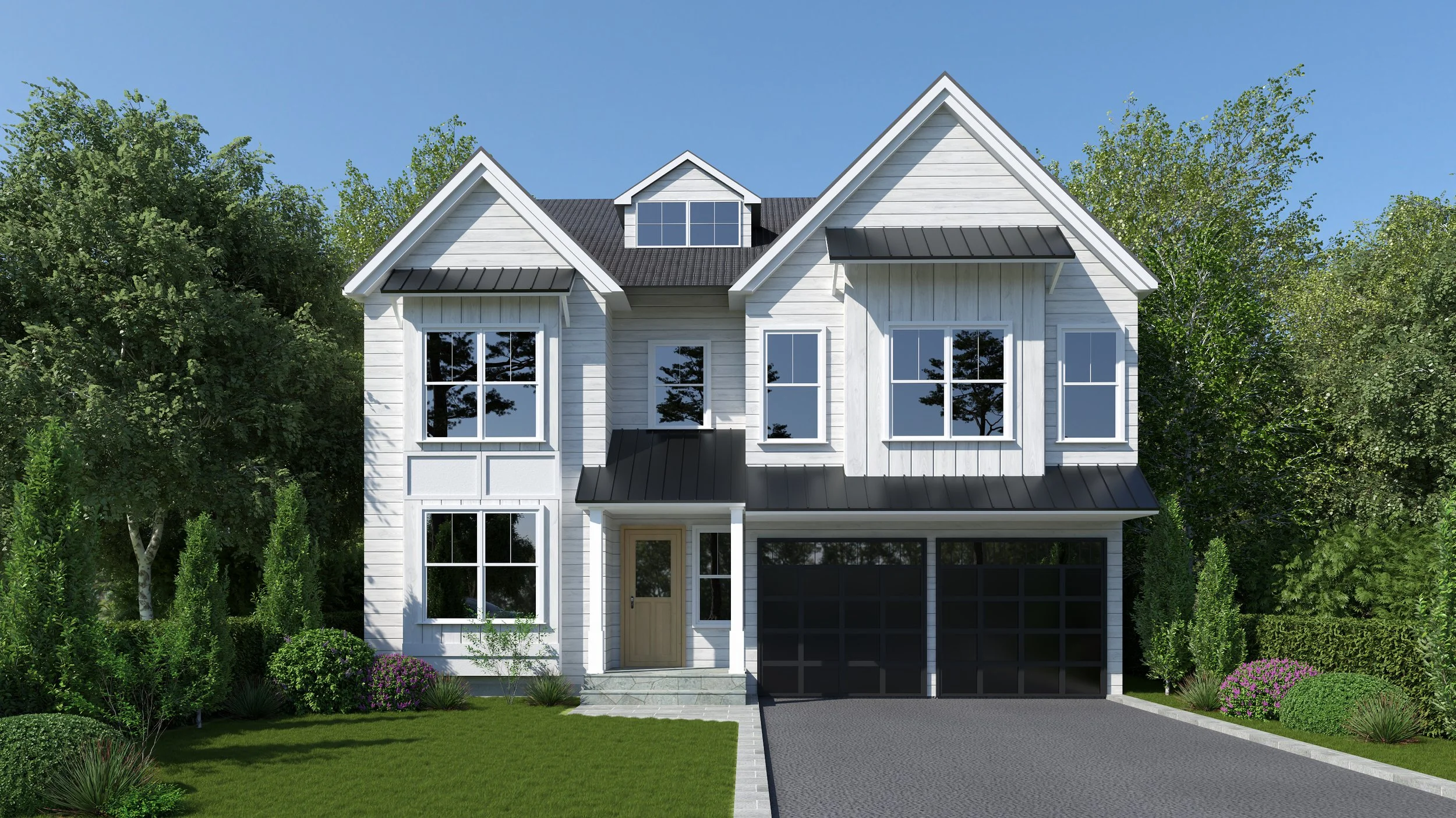 Modern two-story house with white exterior, black garage door, black roof, and multiple windows, surrounded by landscaping and trees under a clear blue sky.