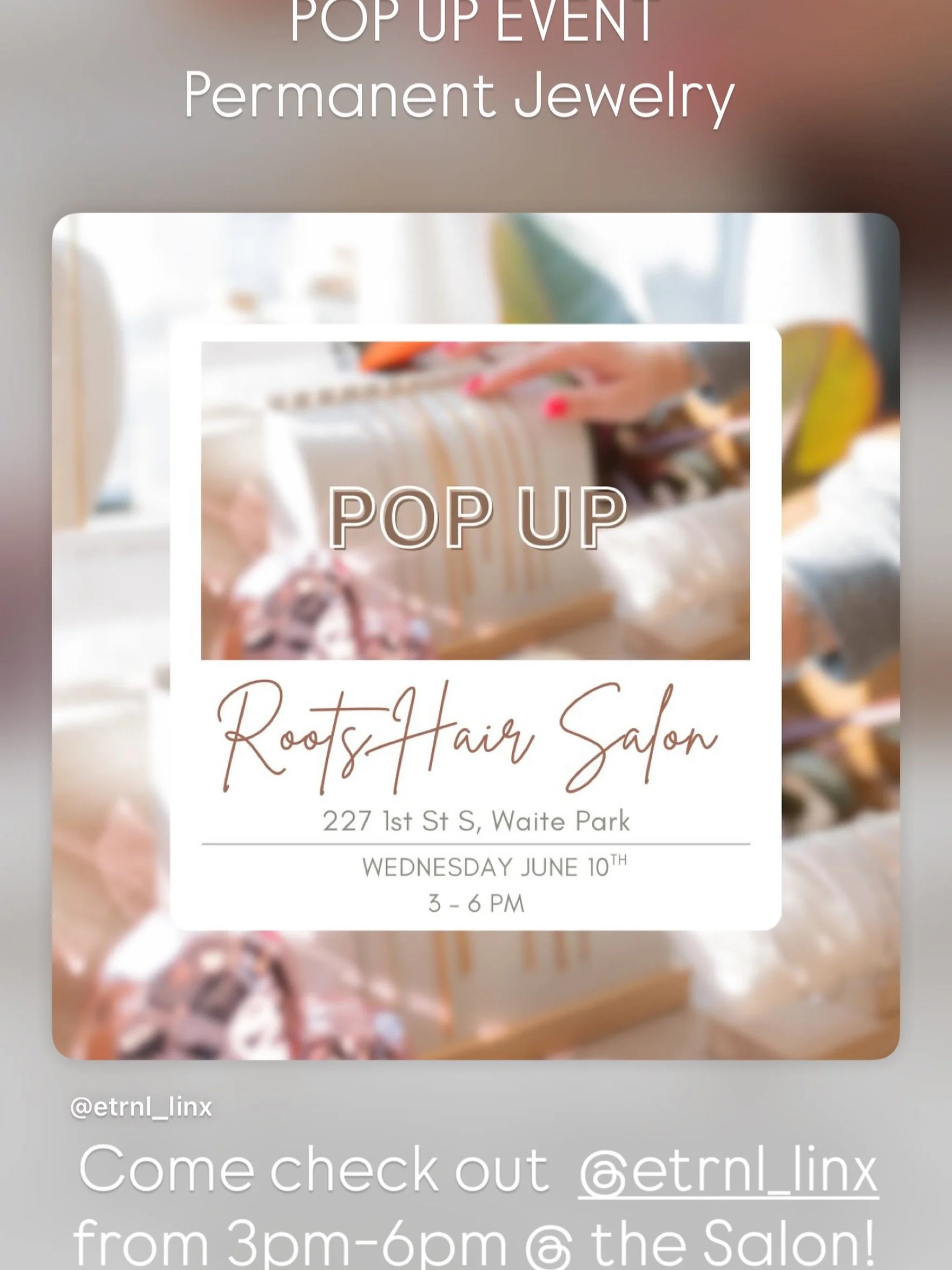 ✨ Permanent Jewelry Pop-Up ✨

Mark your calendars! 💫 Join us at Roots Hair Salon on June 10th from 3&ndash;6 PM as @etrnl_linx brings beautiful permanent jewelry to the salon! 🤍

Whether you&rsquo;re looking for a dainty bracelet, anklet, or a mean
