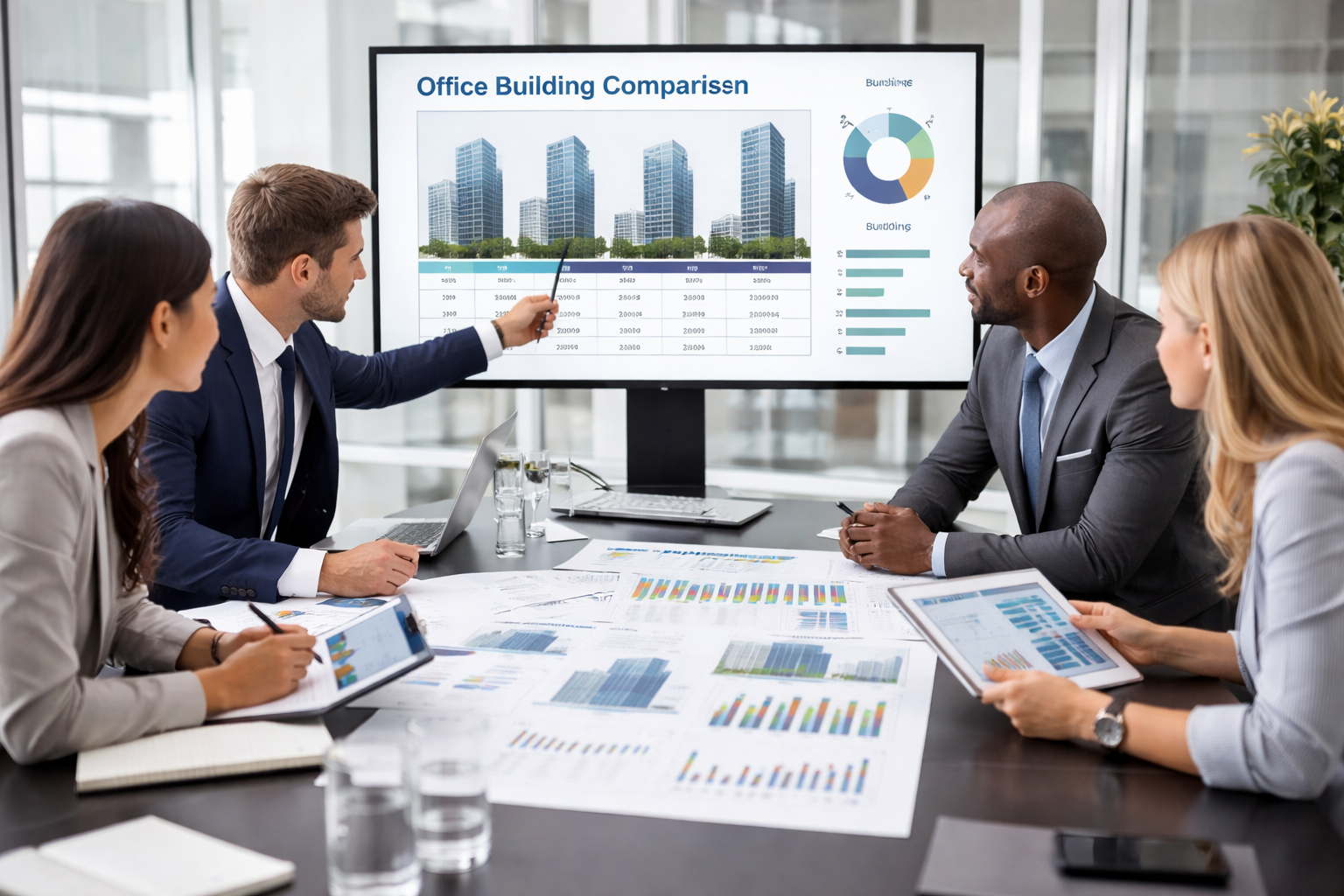 Business meeting in a modern conference room with five people discussing office building comparison charts displayed on a large screen.