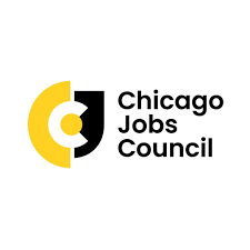 Logo of Chicago Jobs Council with yellow and black circular design and black text