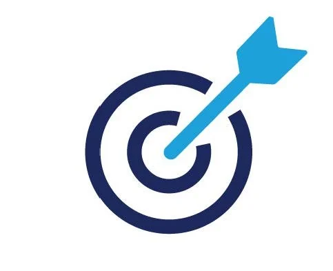 A graphic of a blue dart hitting the center of a target, representing goal achievement or precision in American English.