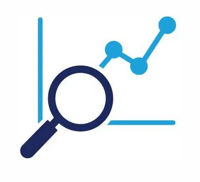 Magnifying glass over a line graph with data points, indicating analysis or research.