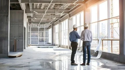 Two construction workers in helmets discussing inside a partially finished building with large windows and natural light.