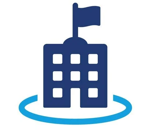 Icon of a government or institutional building with a flag on top, surrounded by a circular line.