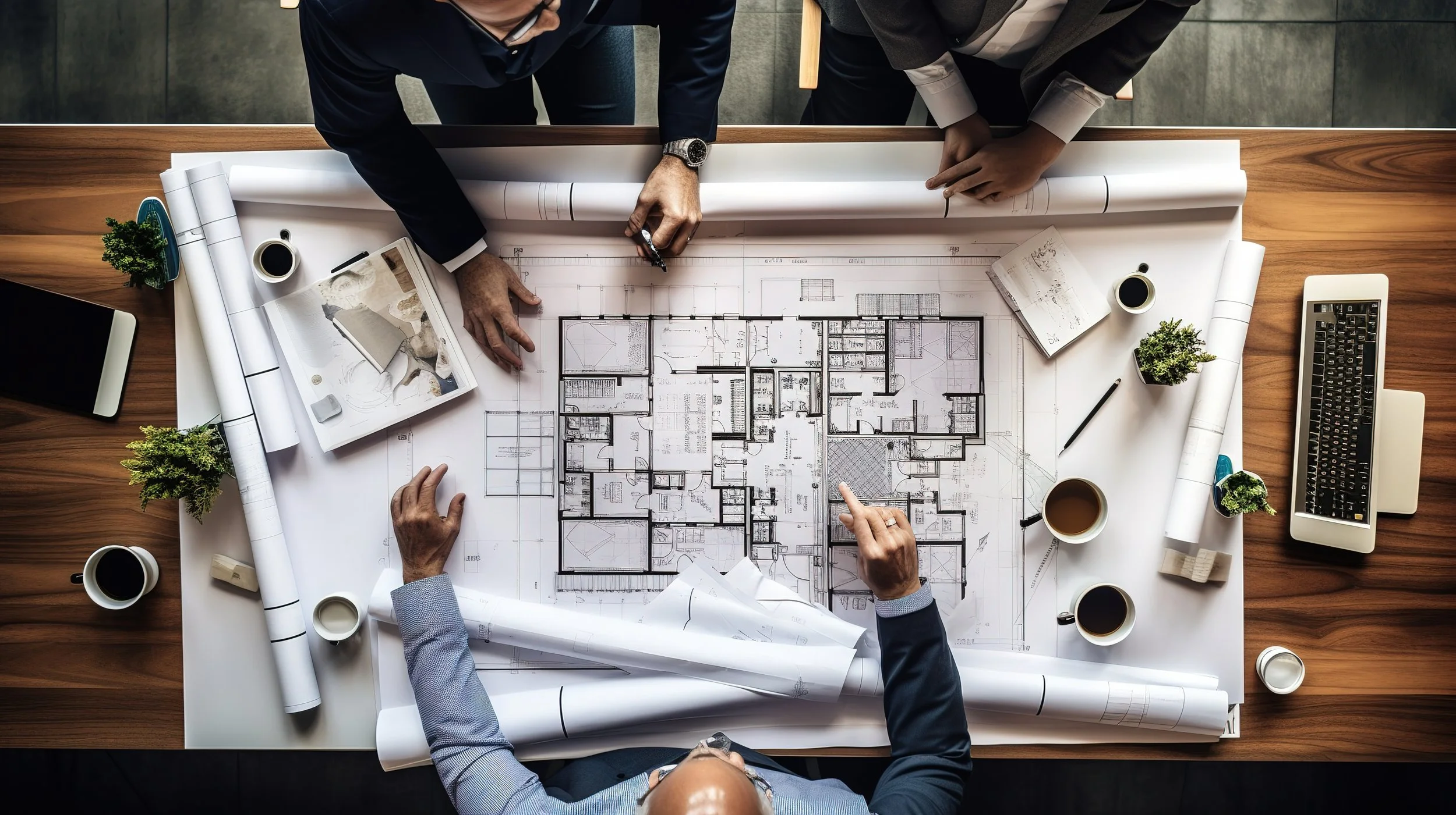 Top-down view of three professionals reviewing and discussing architectural blueprints on a large wooden table, surrounded by coffee cups, potted plants, a laptop, tablets, and sketches.