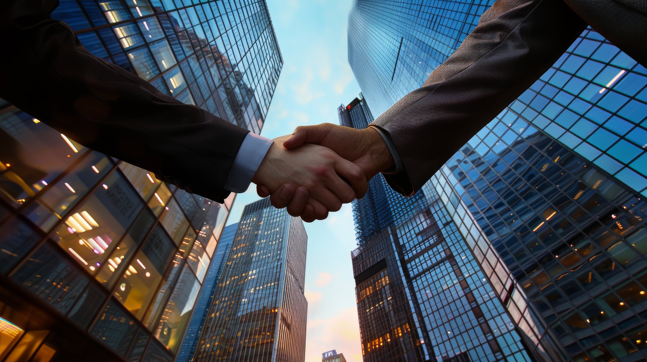Two businessmen shaking hands in front of a city skyline with tall glass office buildings.