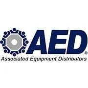Logo for AED, Associated Equipment Distributors, featuring a gear icon and bold blue text.